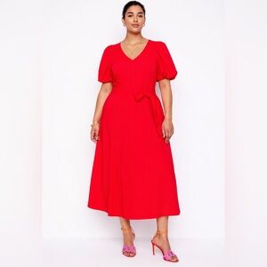 Boden Red Volume Sleeve Button Front Midi Dress Tie Waist Women’s US 20-22R